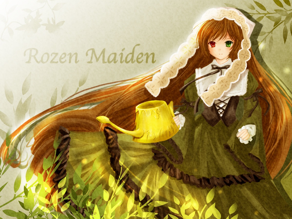 1girl brown_hair dress frills green_dress green_eyes heterochromia image long_hair long_sleeves looking_at_viewer red_eyes smile solo suiseiseki very_long_hair watering_can