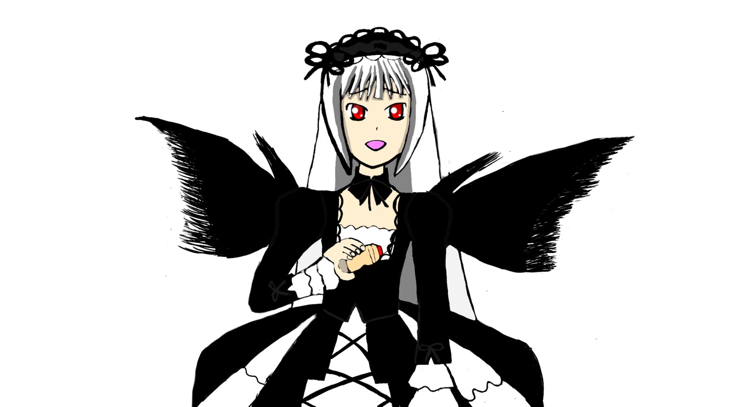 1girl :d black_wings detached_collar dress feathered_wings frills hairband image lolita_hairband long_sleeves looking_at_viewer open_mouth red_eyes rose silver_hair simple_background smile solo suigintou white_background wings