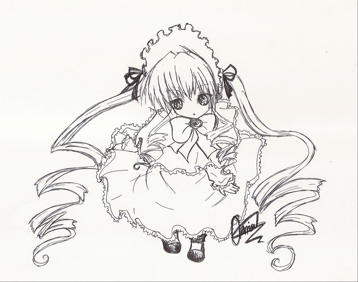 1girl blush bowtie dress drill_hair frills full_body image long_hair long_sleeves looking_at_viewer monochrome shinku simple_background solo standing traditional_media twin_drills twintails very_long_hair