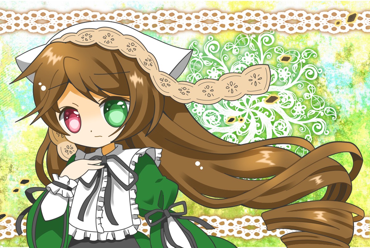 1girl brown_hair dress frills green_dress green_eyes hat head_scarf heterochromia image long_hair long_sleeves looking_at_viewer red_eyes ribbon solo suiseiseki very_long_hair