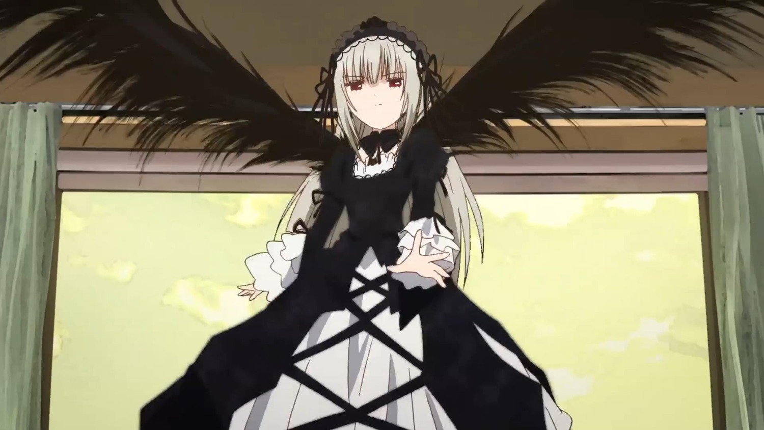 1girl black_dress black_ribbon black_wings dress expressionless feathered_wings feathers frills hairband image juliet_sleeves long_hair long_sleeves looking_at_viewer ribbon rose solo suigintou window wings