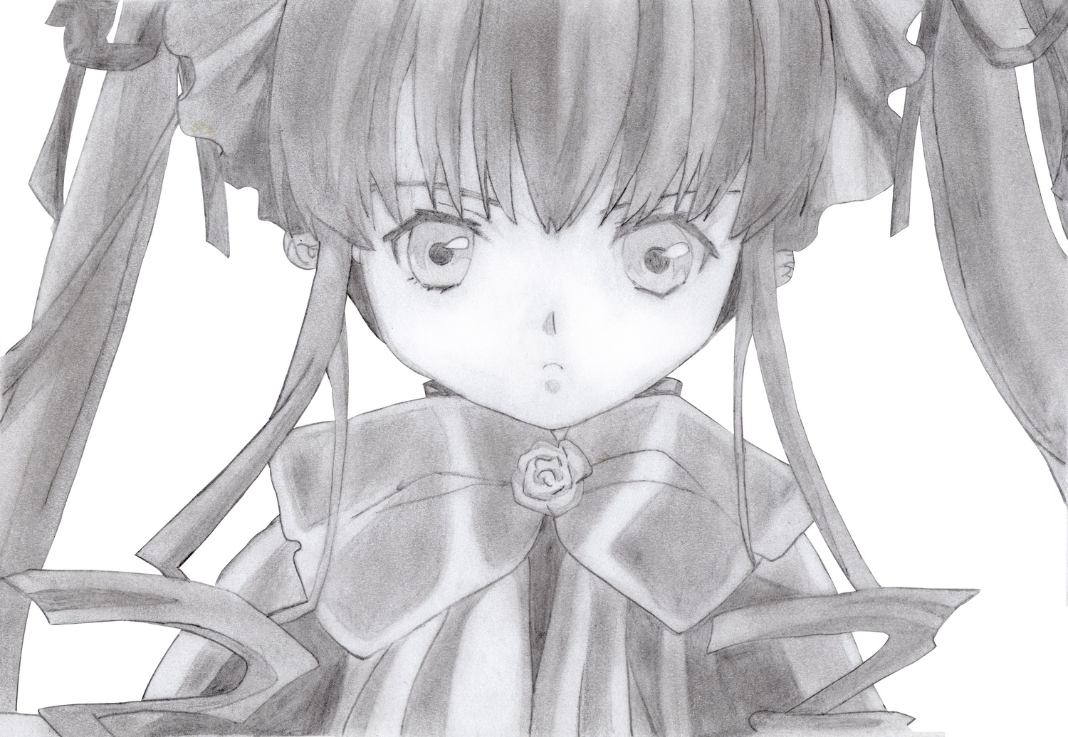 1girl auto_tagged bangs bow bowtie flower greyscale image long_hair looking_at_viewer monochrome ribbon rose shinku sidelocks simple_background solo upper_body white_background