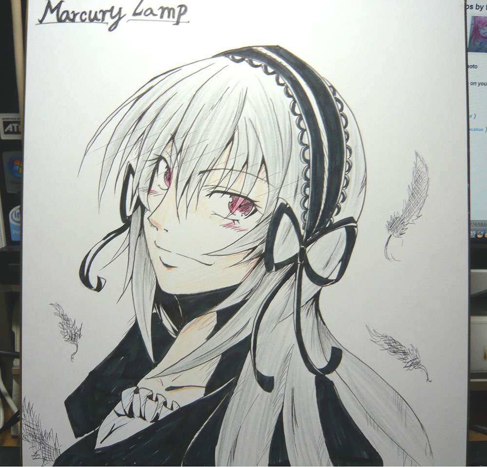 1girl bangs closed_mouth eyebrows_visible_through_hair feathered_wings feathers hairband image long_hair looking_at_viewer photo ribbon shikishi signature smile solo suigintou traditional_media wings