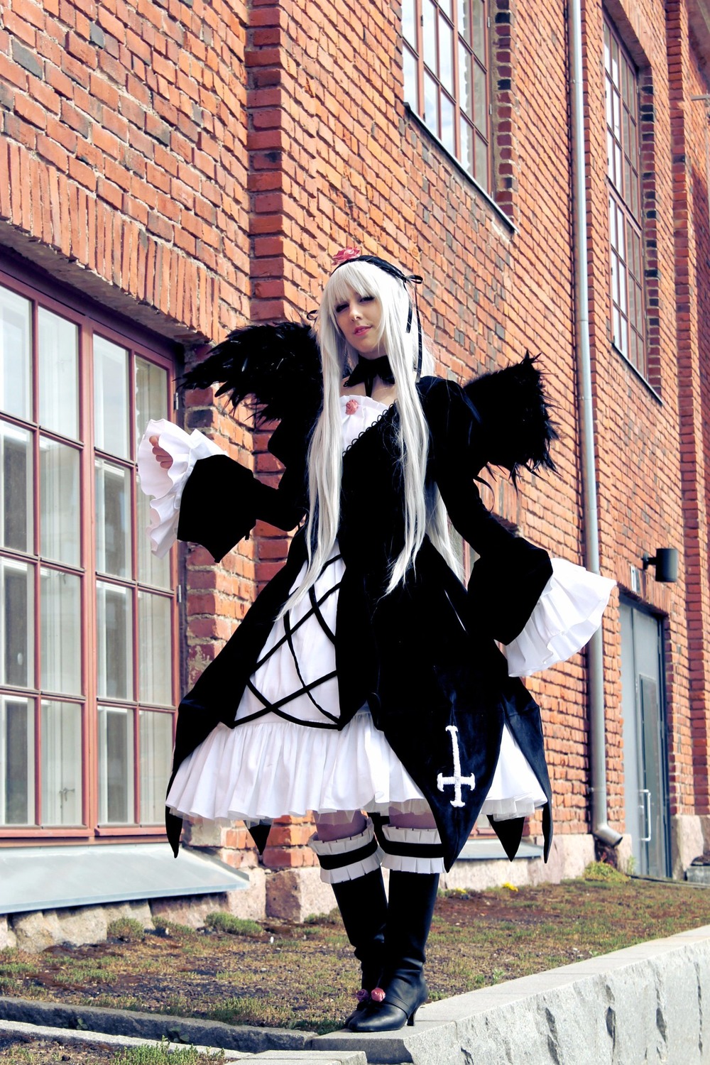 1boy 1girl building closed_eyes dress hairband long_hair long_sleeves shadow solo standing suigintou white_hair