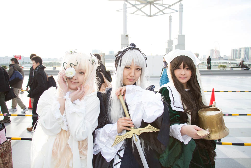 4girls 5girls bangs black_dress black_hair brown_hair dress flower frills hair_ornament holding long_hair long_sleeves looking_at_viewer multiple_boys multiple_cosplay multiple_girls standing tagme white_hair