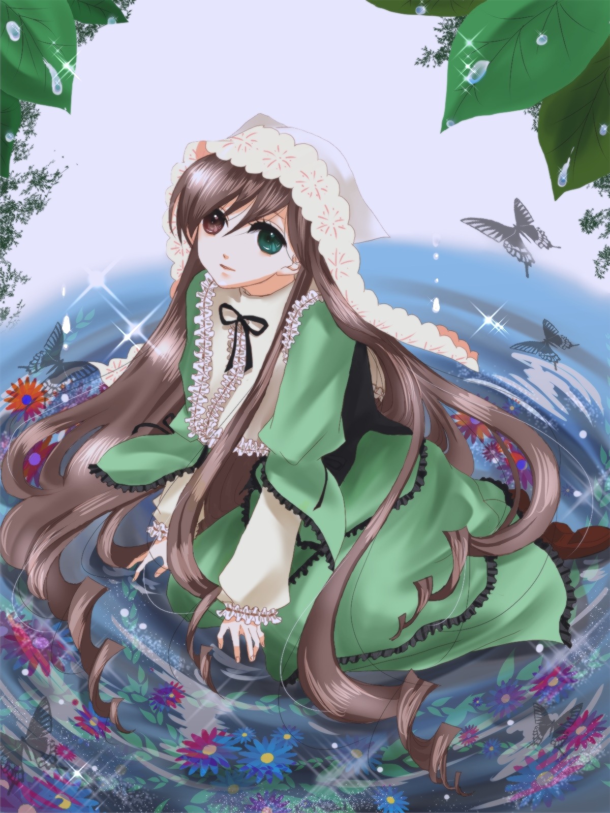 1girl blue_butterfly brown_hair bug butterfly dress flower frills green_dress green_eyes head_scarf heterochromia image insect leaf long_hair long_sleeves red_eyes solo suiseiseki very_long_hair water