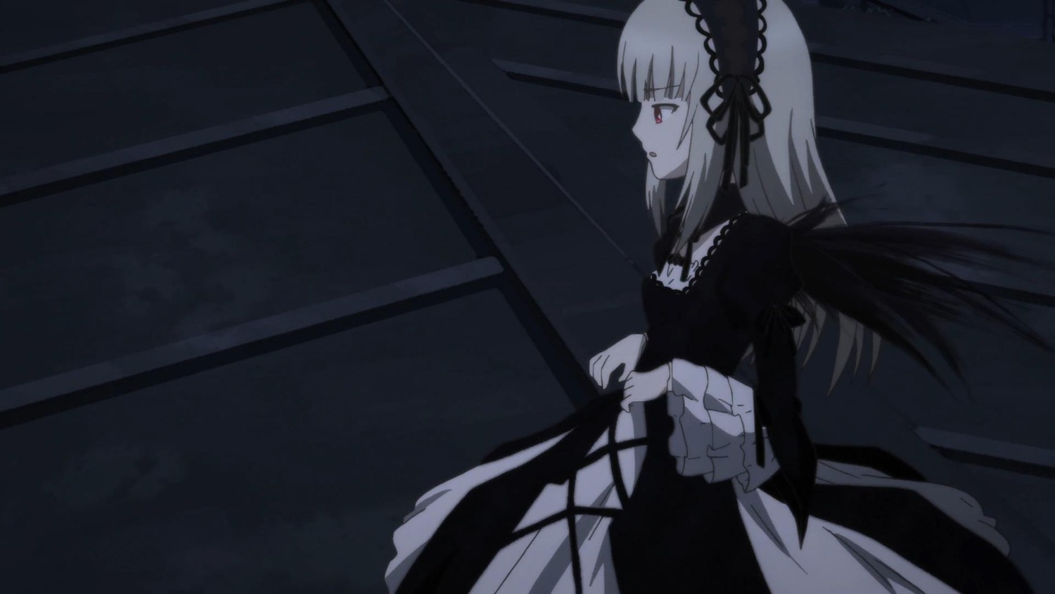 1girl black_ribbon black_wings closed_mouth dress eyebrows_visible_through_hair frills hairband image indoors juliet_sleeves long_hair long_sleeves profile puffy_sleeves red_eyes ribbon solo suigintou very_long_hair wings