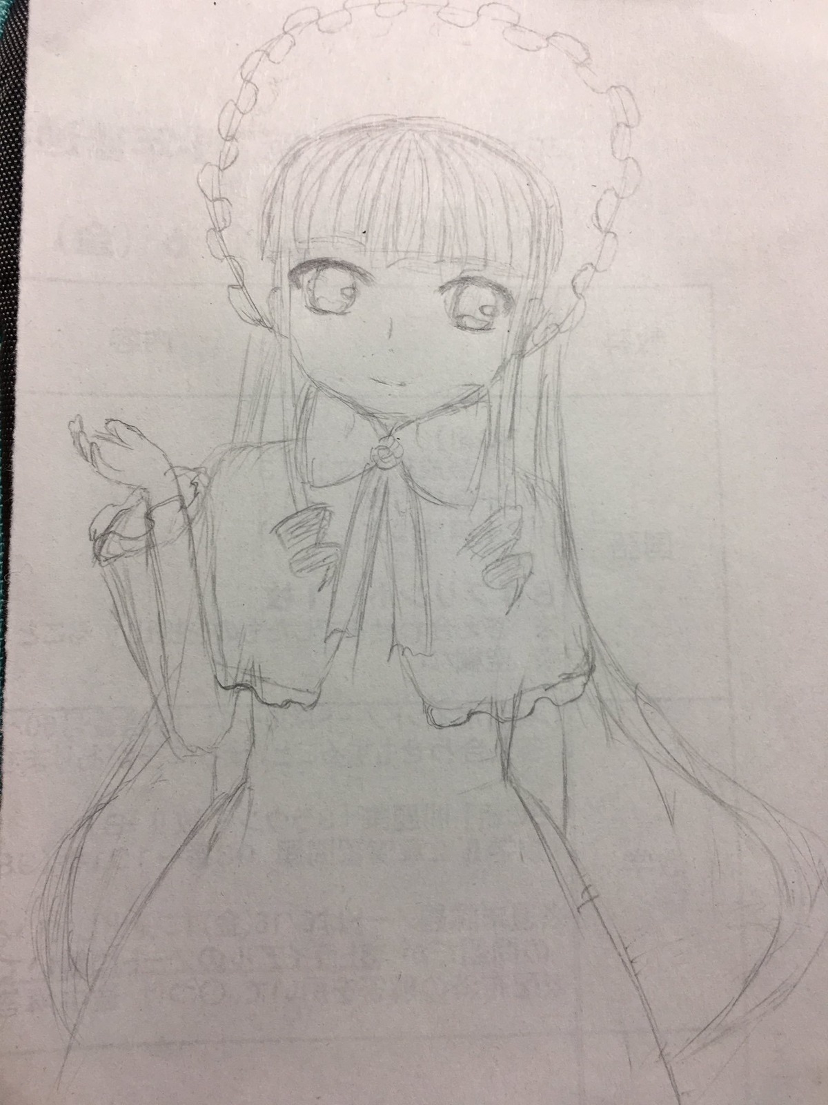 1girl bangs dress frills greyscale hime_cut houraisan_kaguya long_hair long_sleeves looking_at_viewer monochrome simple_background sketch smile solo traditional_media very_long_hair wide_sleeves