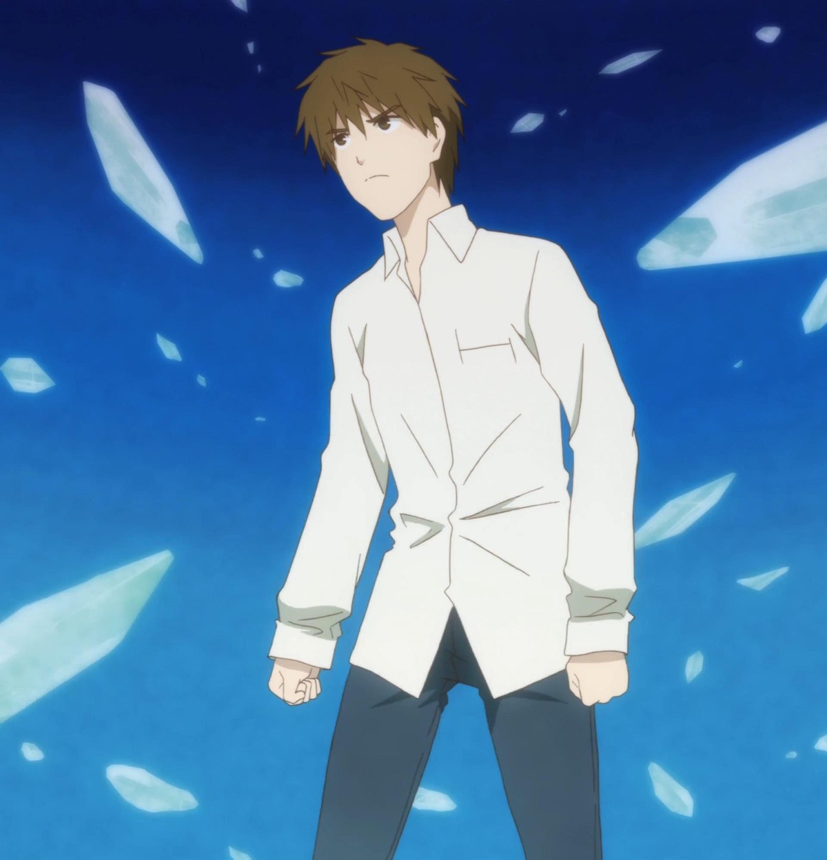 1boy black_pants blue_background blue_sky brown_eyes brown_hair closed_mouth collared_shirt cowboy_shot dress_shirt human long_sleeves looking_at_viewer pants paper petals sakurada_jun screenshot shirt sky solo standing white_shirt