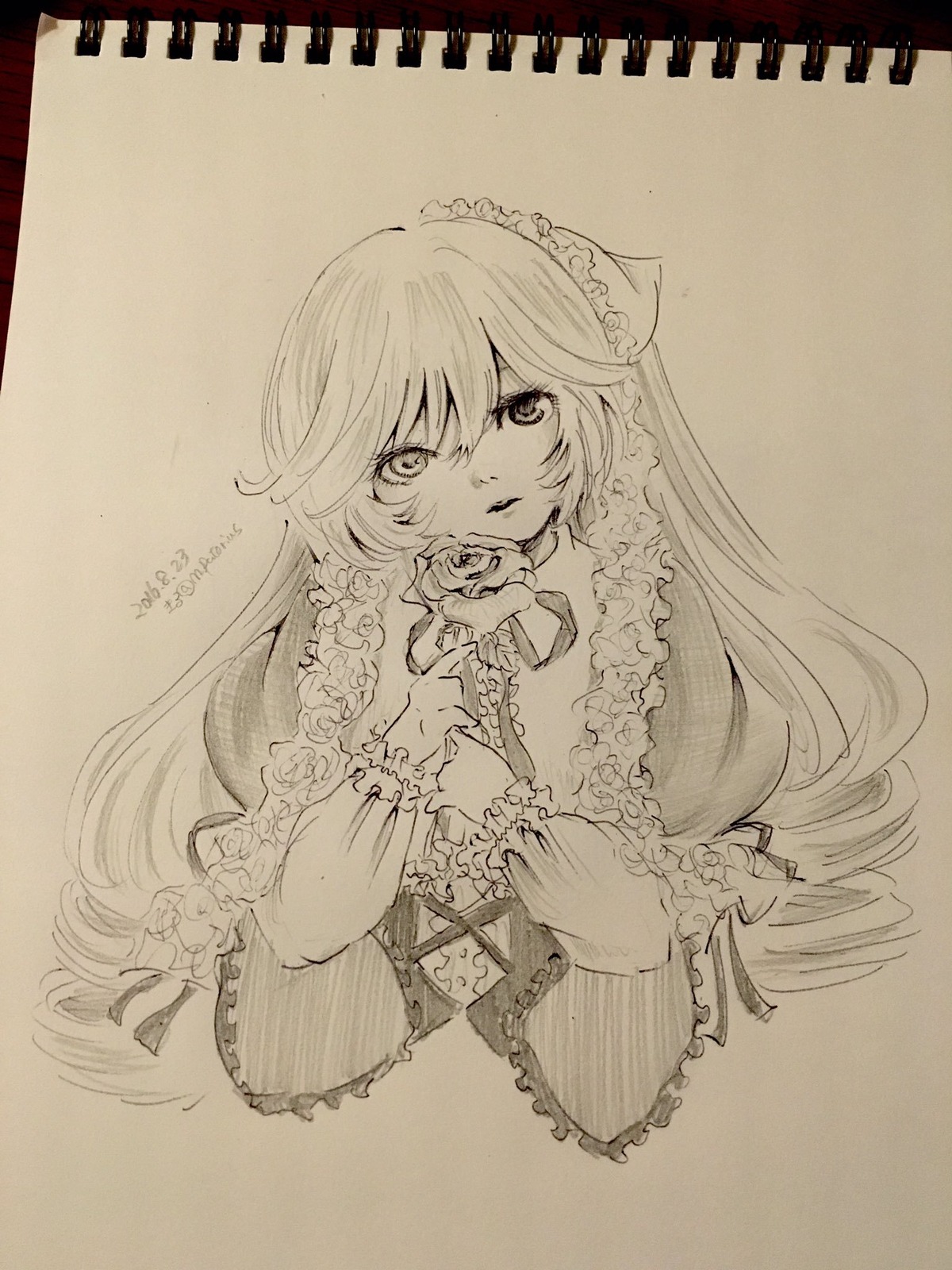 1girl bow frills image long_hair long_sleeves looking_at_viewer monochrome photo solo suiseiseki traditional_media upper_body