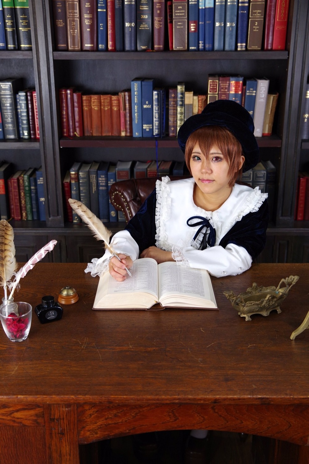 book book_stack bookshelf bottle brown_hair globe hat library lips open_book quill realistic solo souseiseki