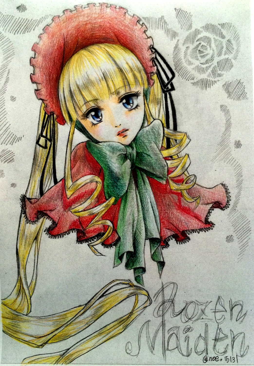 1girl artist_name bangs blonde_hair blue_eyes bonnet bow bowtie capelet drill_hair green_bow image lips long_hair long_sleeves looking_at_viewer marker_(medium) red_capelet shinku signature solo traditional_media twin_drills twintails upper_body