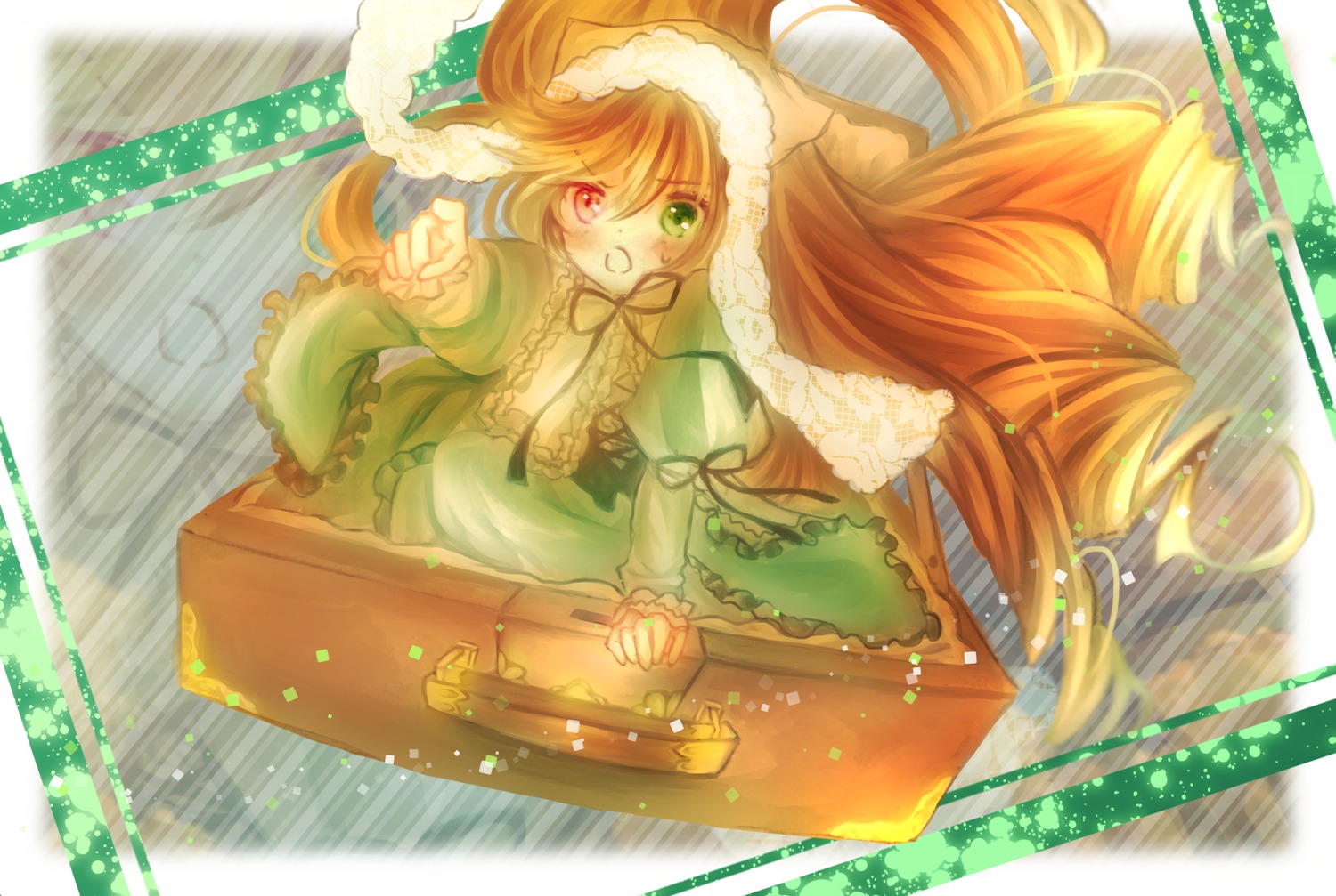 1girl dress frills from_above green_dress green_eyes heterochromia image long_hair long_sleeves open_mouth red_eyes ribbon solo suiseiseki suitcase very_long_hair watering_can