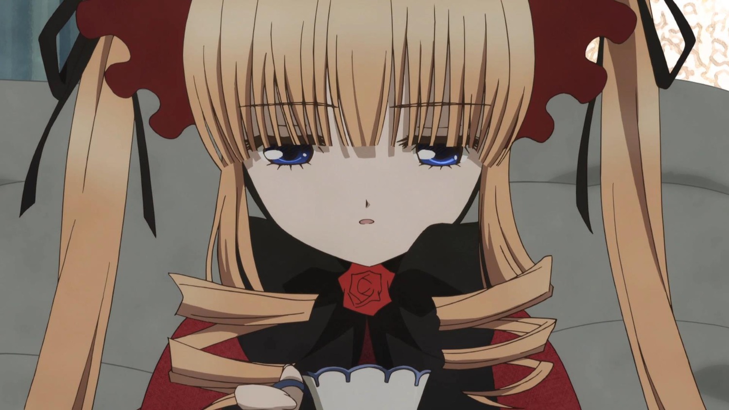1girl auto_tagged bangs blonde_hair blue_eyes bow cup drill_hair eyebrows_visible_through_hair flower image long_hair looking_at_viewer parted_lips red_flower ribbon rose shinku sidelocks solo twintails