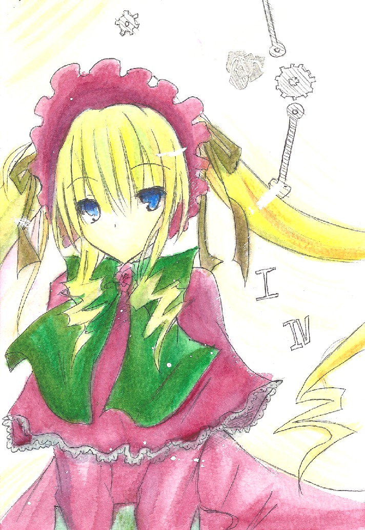 1girl blonde_hair blue_eyes bonnet bow bowtie capelet dress image long_hair long_sleeves looking_at_viewer shinku solo