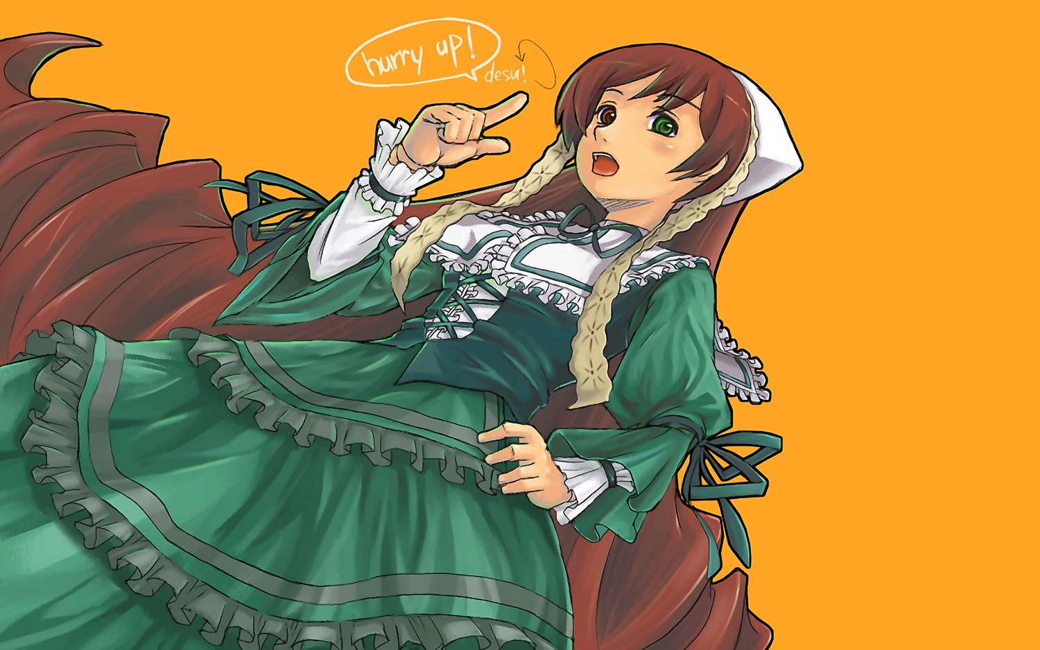 1girl braid brown_hair dress frills green_dress green_eyes hand_on_hip head_scarf image index_finger_raised long_hair long_sleeves open_mouth orange_background ribbon simple_background solo suiseiseki very_long_hair