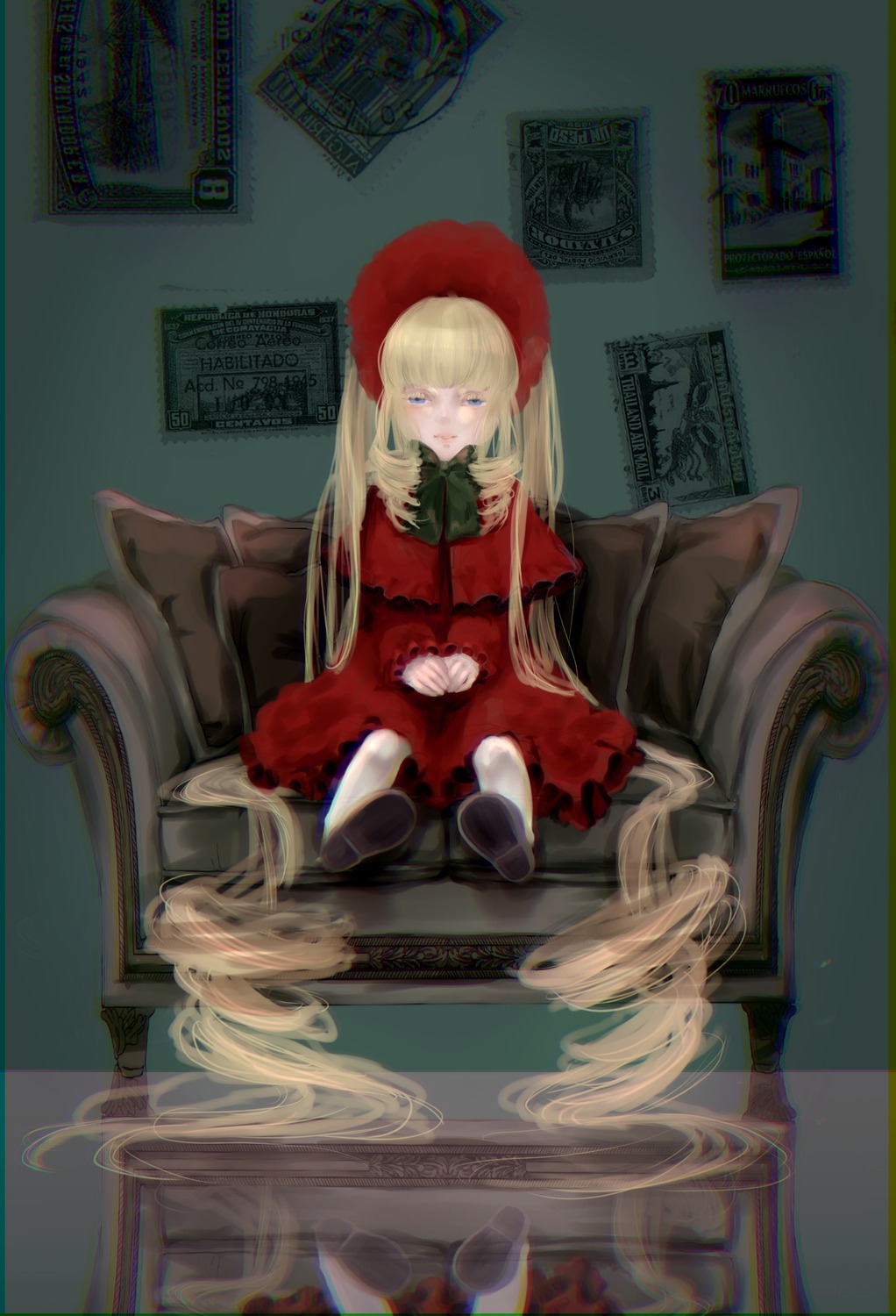 1girl blonde_hair blue_eyes chair dress flower image long_hair long_sleeves looking_at_viewer red_dress shinku sitting solo very_long_hair