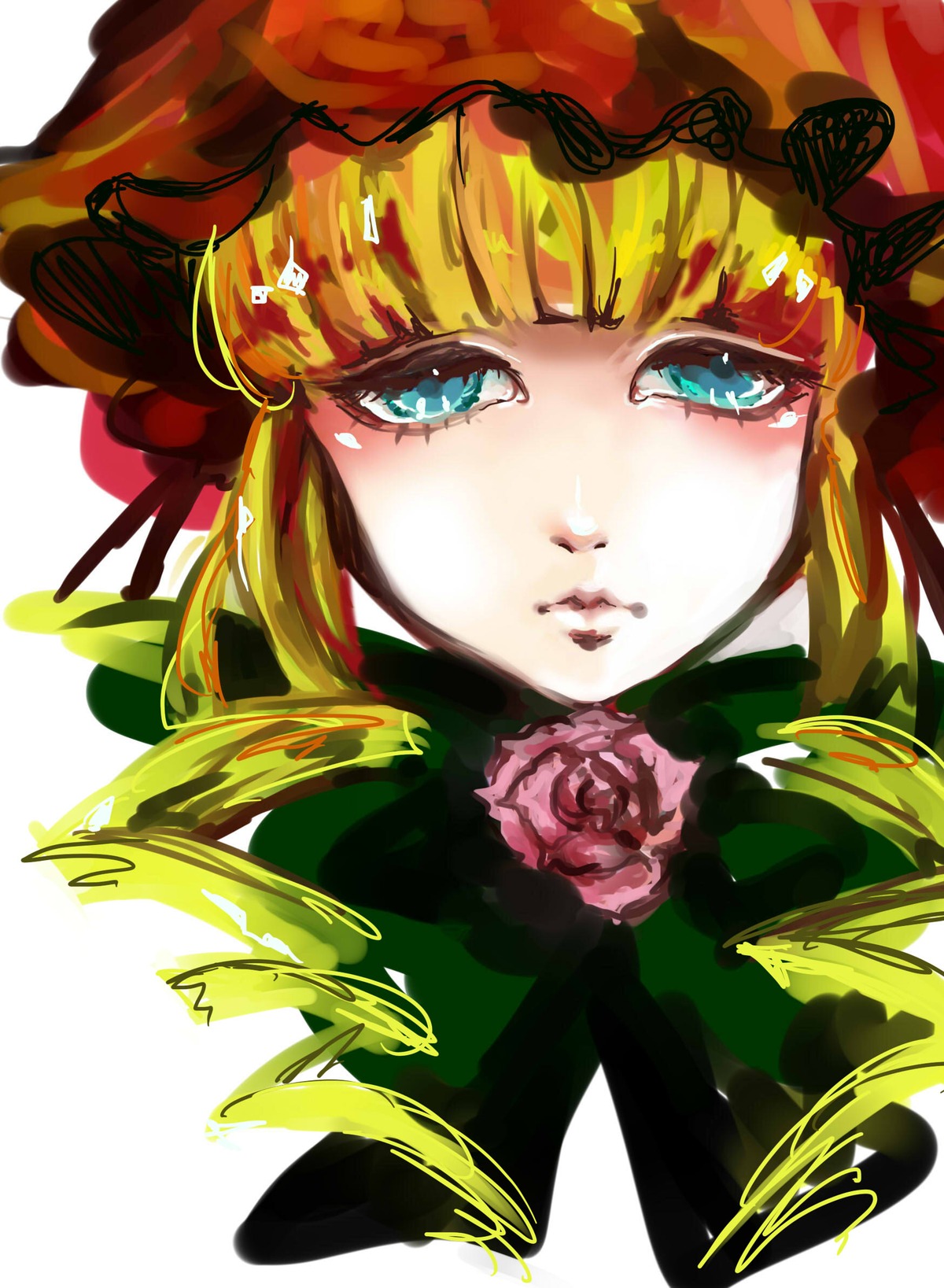 1girl auto_tagged bangs blonde_hair blue_eyes blunt_bangs flower hat image lips red_rose rose shinku solo