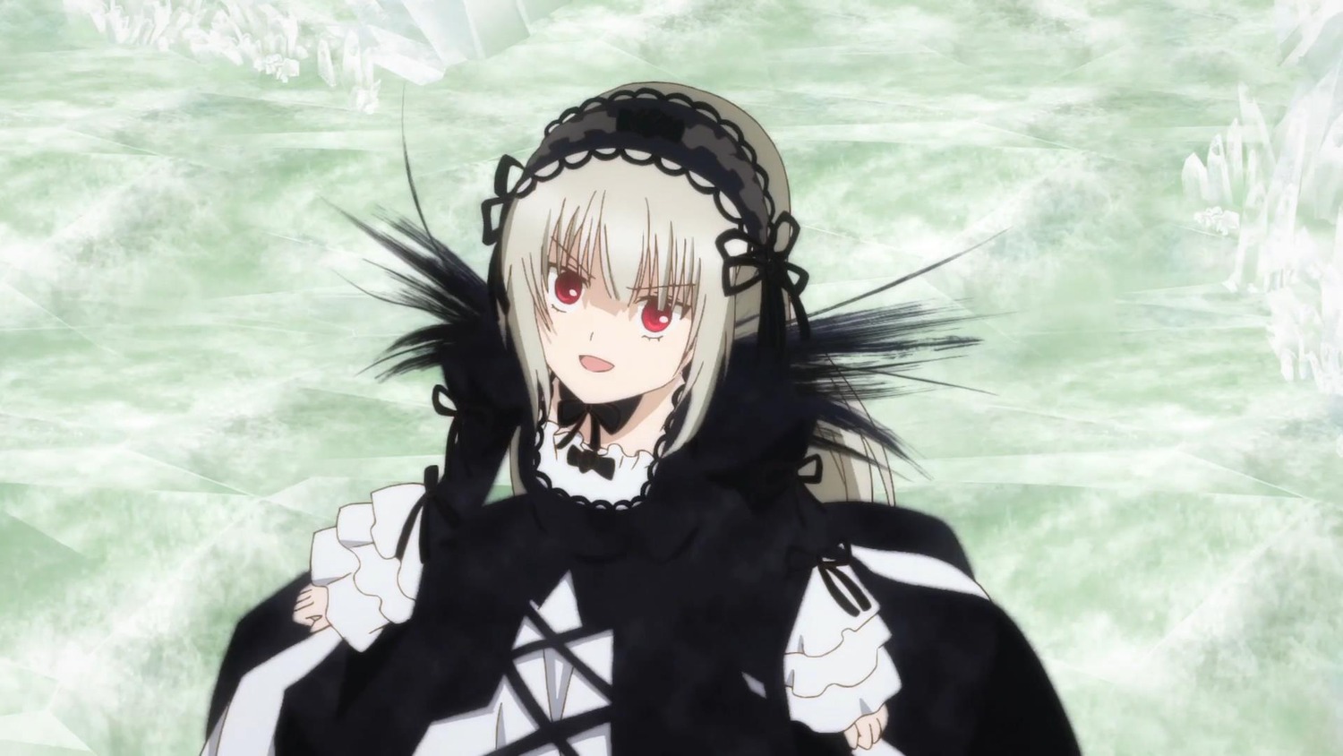 1girl :d bangs black_dress black_ribbon black_wings dress eyebrows_visible_through_hair frills hairband image long_hair long_sleeves looking_at_viewer open_mouth red_eyes ribbon silver_hair smile solo suigintou wings