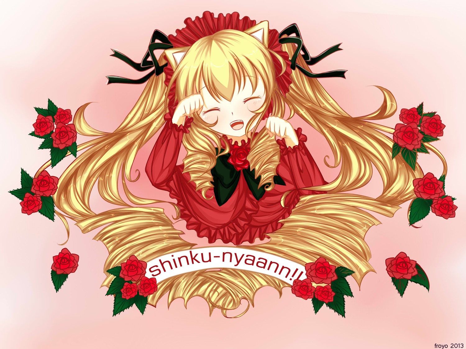 1girl animal_ears auto_tagged blonde_hair cat_ears closed_eyes flower hair_ribbon image long_hair open_mouth pink_background pink_rose red_flower red_rose ribbon rose shinku solo