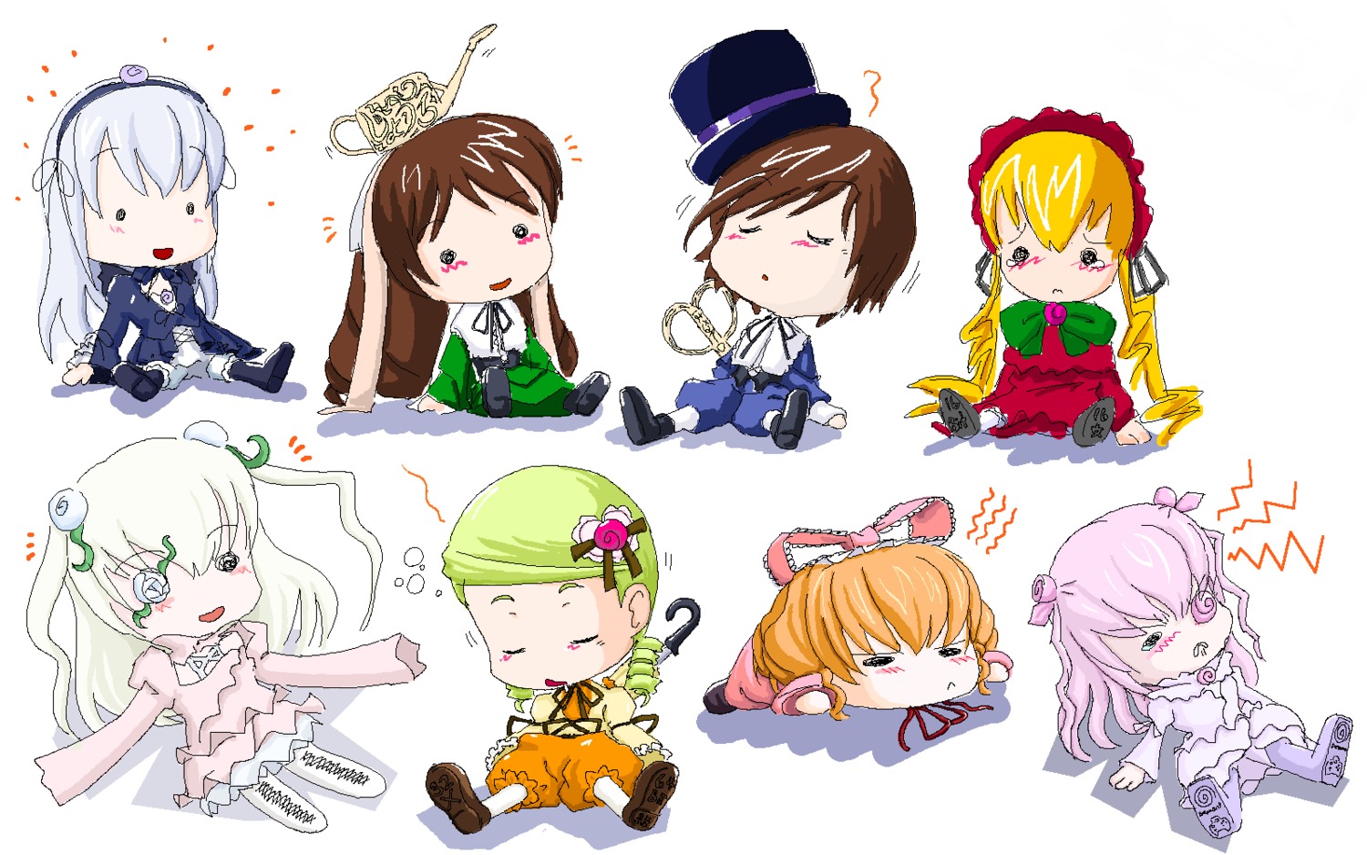 6+girls blonde_hair brown_hair chibi dress drill_hair gothic_lolita green_hair hair_ornament hairband hat hina_ichigo image kanaria lolita_fashion long_hair multiple multiple_girls shinku silver_hair souseiseki suigintou suiseiseki tagme twintails