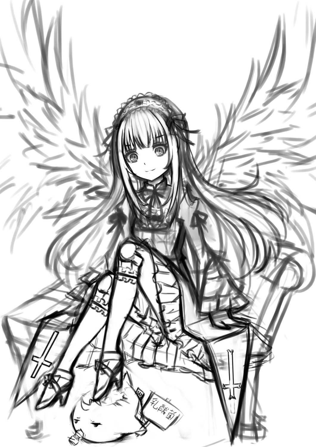 1girl closed_mouth dress feathered_wings greyscale hairband image lolita_hairband long_hair long_sleeves looking_at_viewer monochrome sitting smile solo suigintou very_long_hair wings