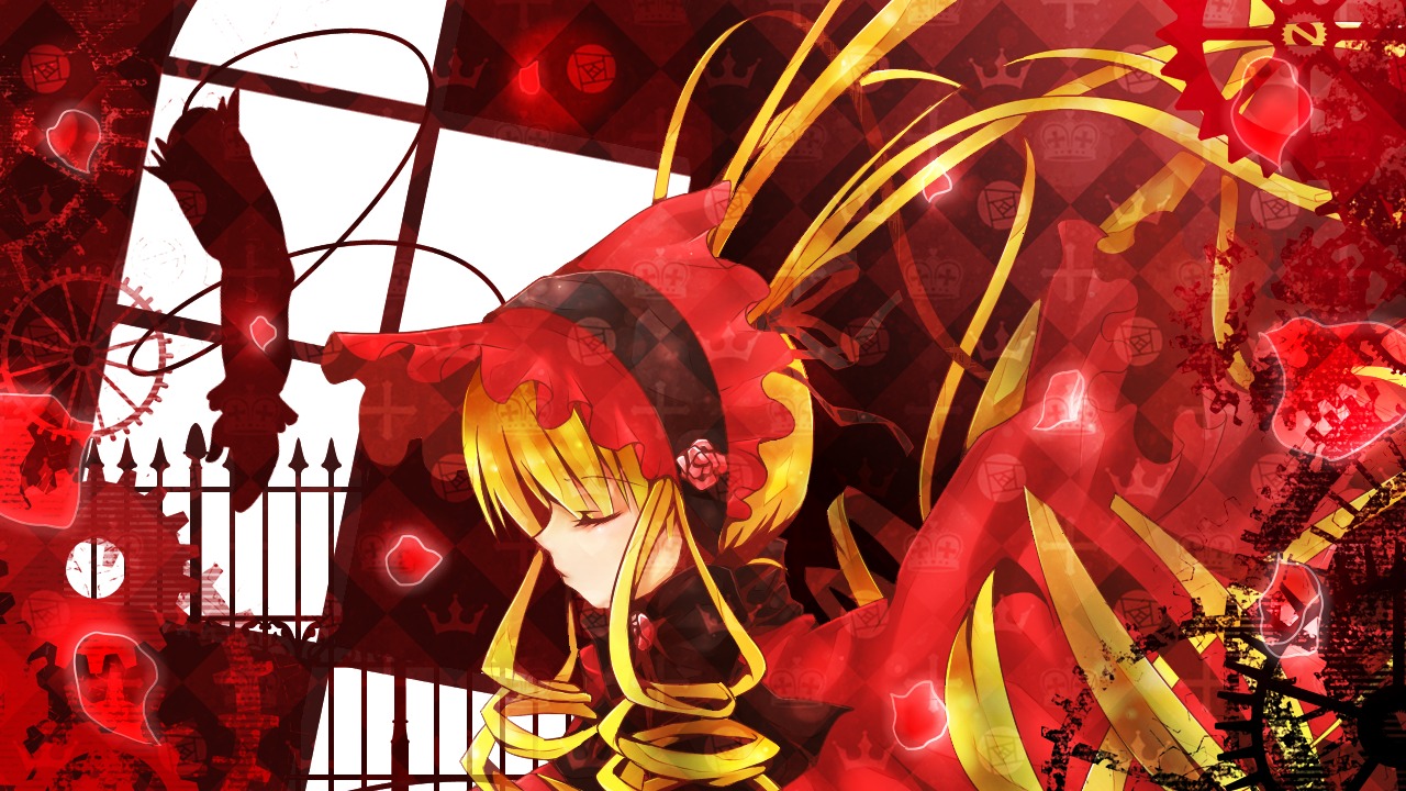 1girl blonde_hair bonnet bow closed_eyes dress flower image long_hair shinku solo twintails