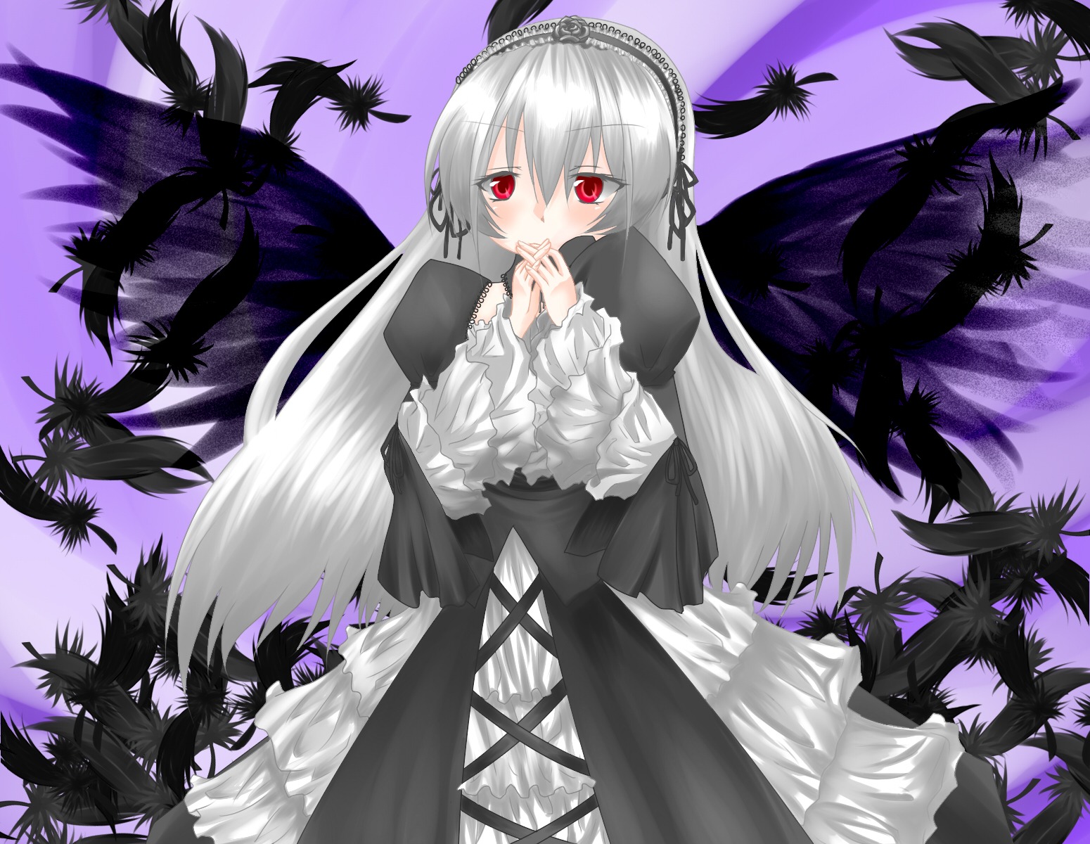 1girl black_wings dress feathers flower frills hairband image long_hair long_sleeves looking_at_viewer plant red_eyes silver_hair solo suigintou tree very_long_hair wings