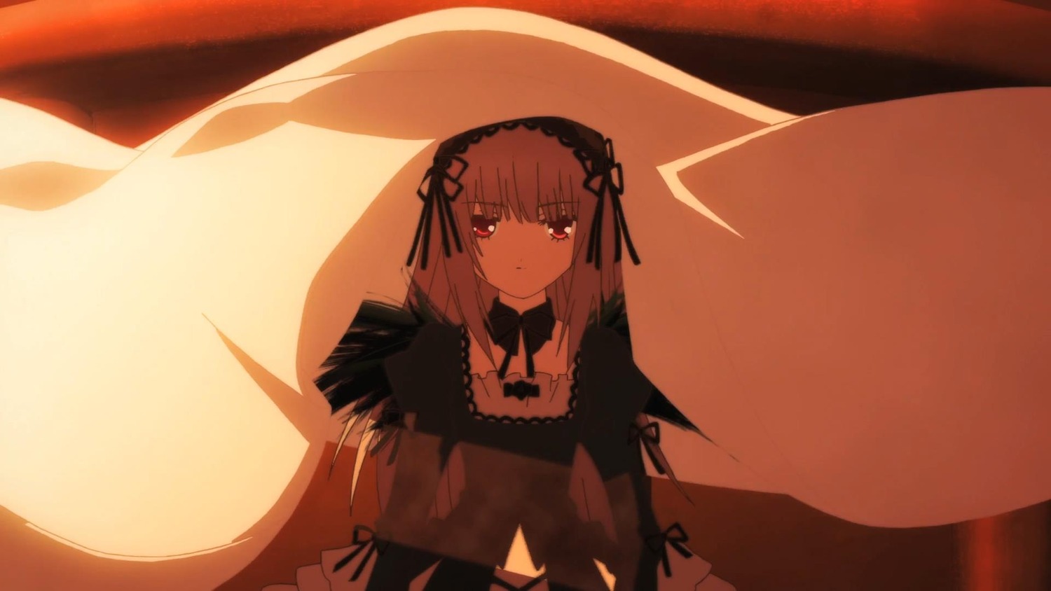 1girl bangs black_dress black_ribbon black_wings closed_mouth dress eyebrows_visible_through_hair hairband image juliet_sleeves long_hair long_sleeves looking_at_viewer puffy_sleeves ribbon rose solo suigintou wings