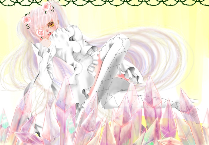 1girl boots dress flower frills image kirakishou long_hair pink_hair solo ultimate_madoka very_long_hair white_dress yellow_eyes