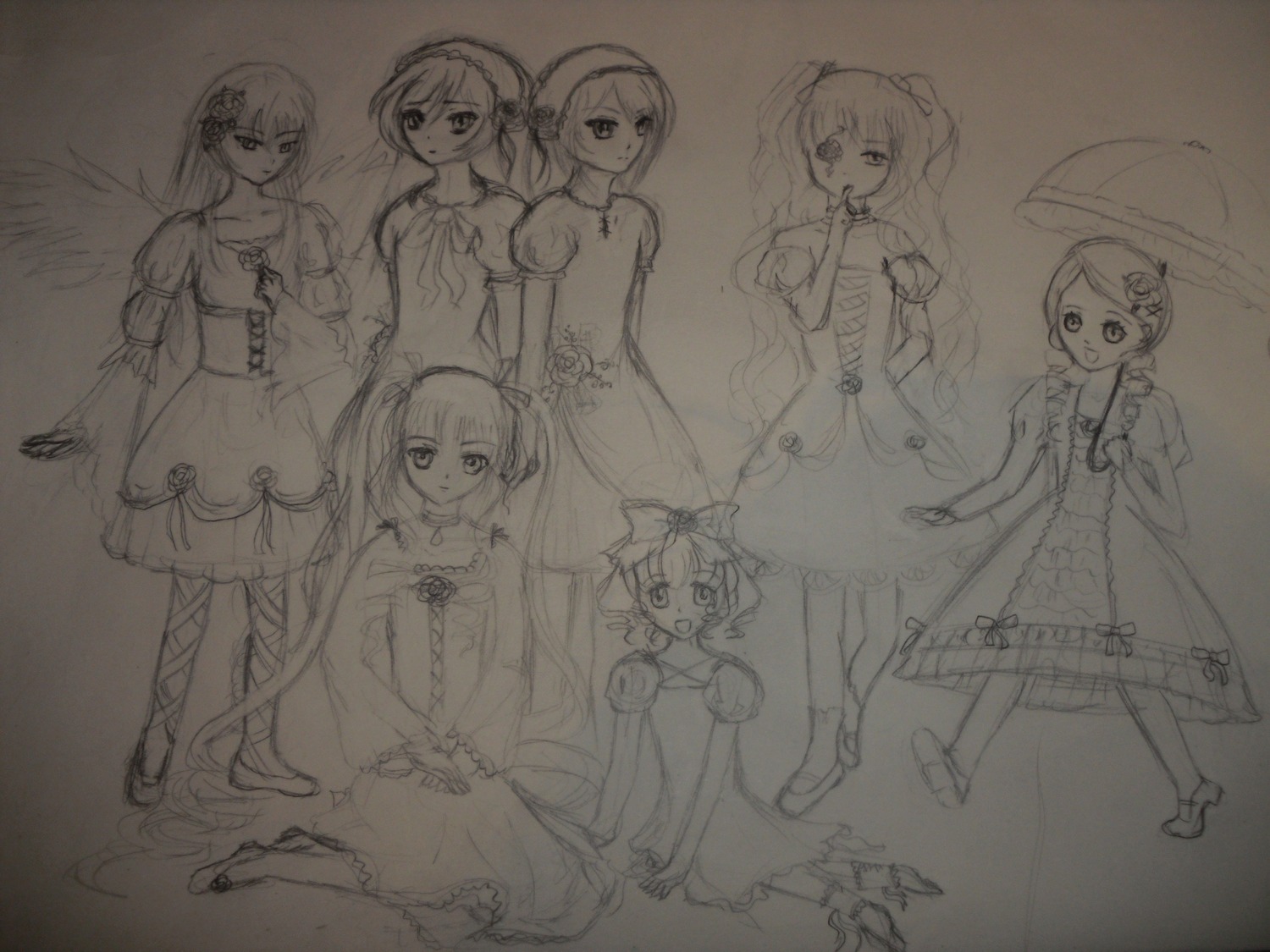 6+girls bow dress hair_bow hair_ornament image long_hair monochrome multiple multiple_girls short_hair sitting sketch smile tagme twintails umbrella