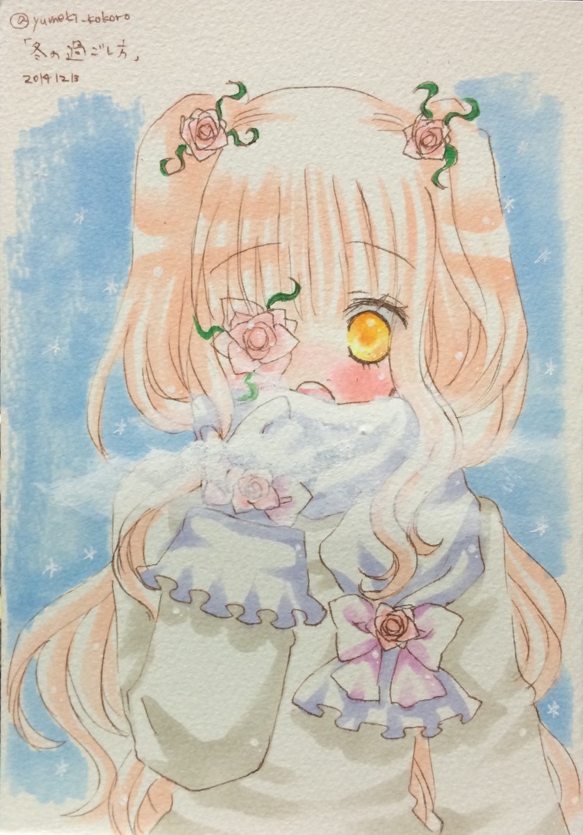 1girl bangs blush bow dress eyepatch flower frills hair_ornament image kirakishou long_hair long_sleeves pink_flower pink_rose red_flower red_rose rose solo traditional_media watercolor_(medium) yellow_eyes