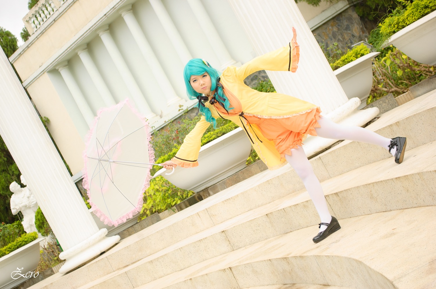 1girl aqua_hair blue_hair closed_eyes dress holding_umbrella kanaria outdoors parasol solo umbrella white_legwear yellow_dress