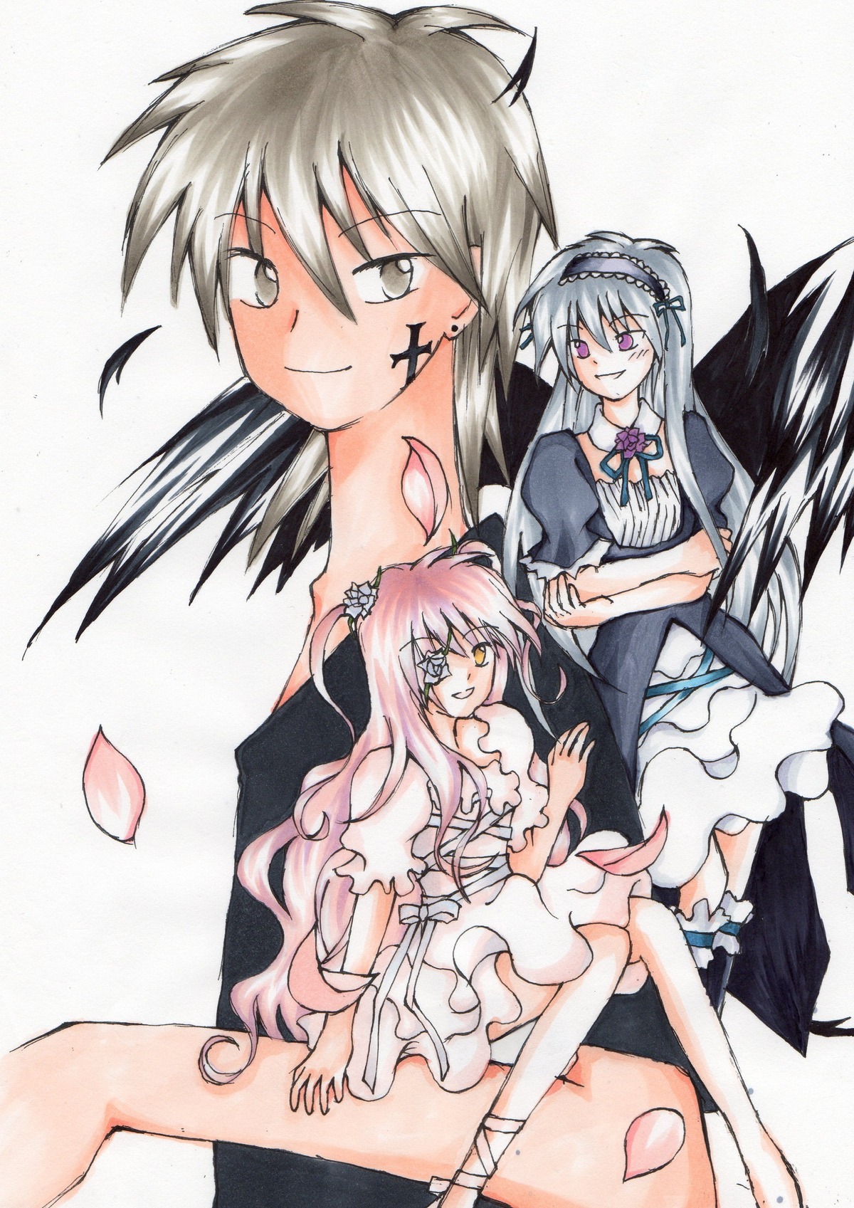 2girls anger_vein barefoot black_wings dress flower hairband image kirakishou long_hair multiple_girls pair petals purple_eyes rose silver_hair smile suigintou suiseiseki tattoo traditional_media ultimate_madoka white_dress wings yellow_eyes