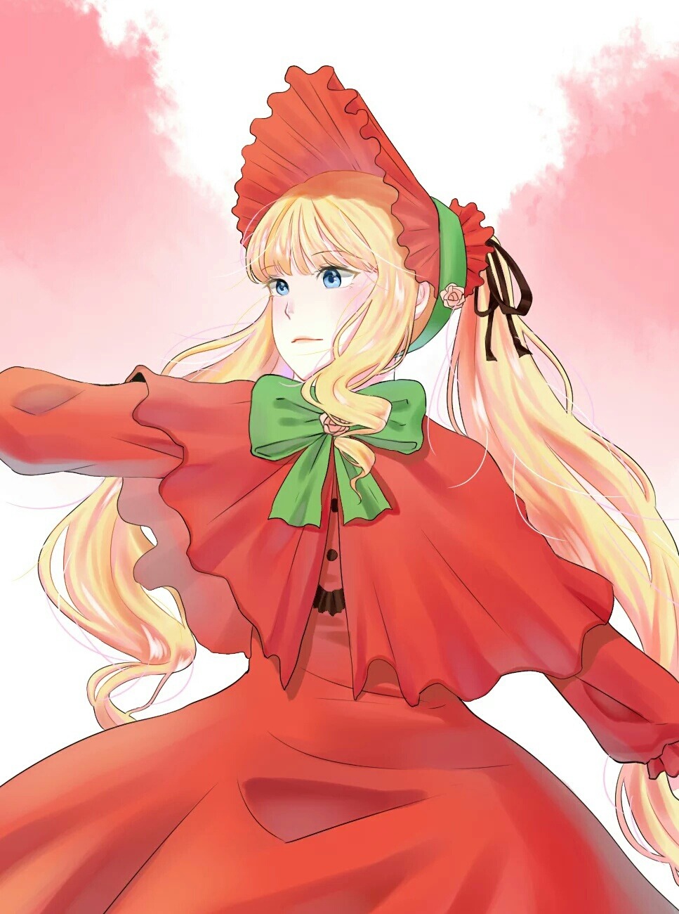 1girl blonde_hair blue_eyes bonnet bow bowtie capelet dress green_bow green_neckwear image long_hair long_sleeves red_capelet red_dress shinku sidelocks solo twintails