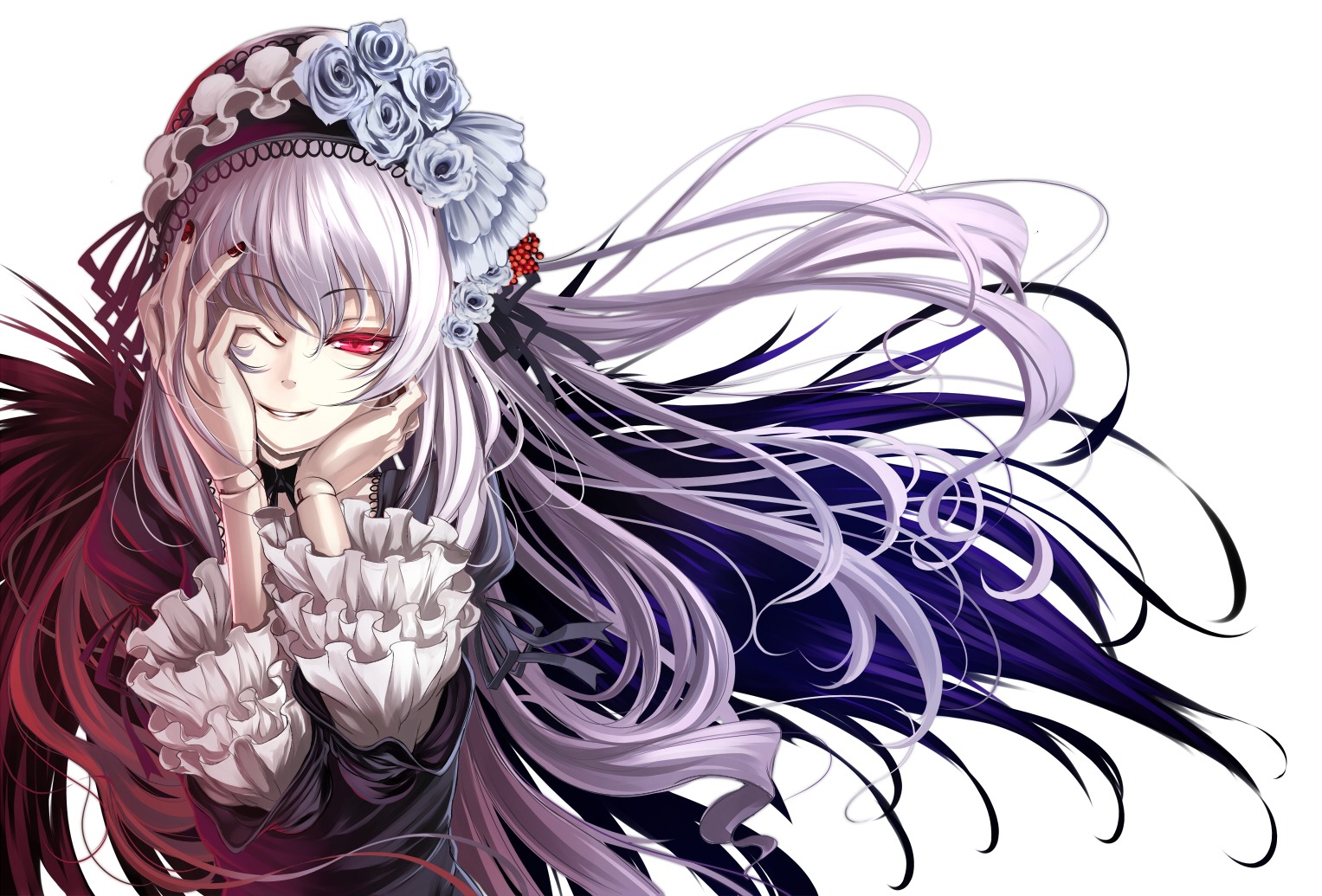 1girl berry commentary_request covering_one_eye doll_joints dress floating_hair flower frilled_sleeves frills hairband hands_on_own_face image joints long_hair long_sleeves looking_at_viewer red_eyes rose rozen_maiden shiokonbu silver_hair smile smirk solo suigintou very_long_hair white_background white_flower white_rose wings
