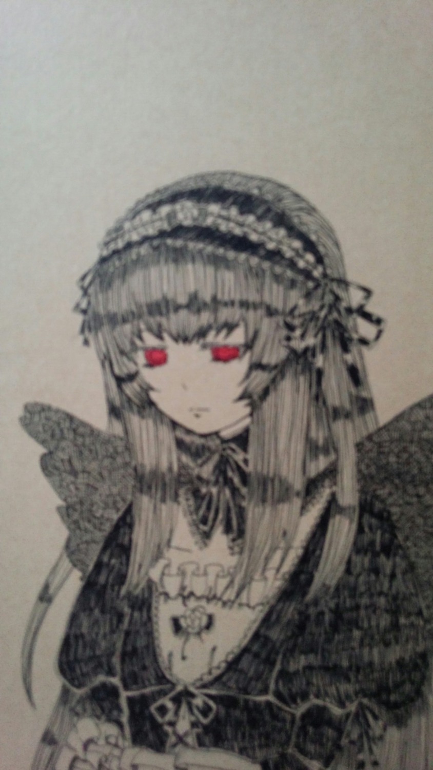 1girl bangs closed_mouth dress frills hairband image long_hair long_sleeves looking_at_viewer photo red_eyes ribbon solo suigintou traditional_media wings