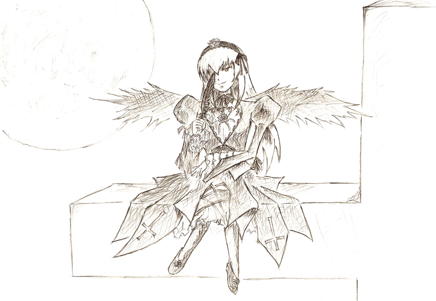 1girl dress feathered_wings flower greyscale hairband image long_hair long_sleeves monochrome rose solo suigintou white_background wings