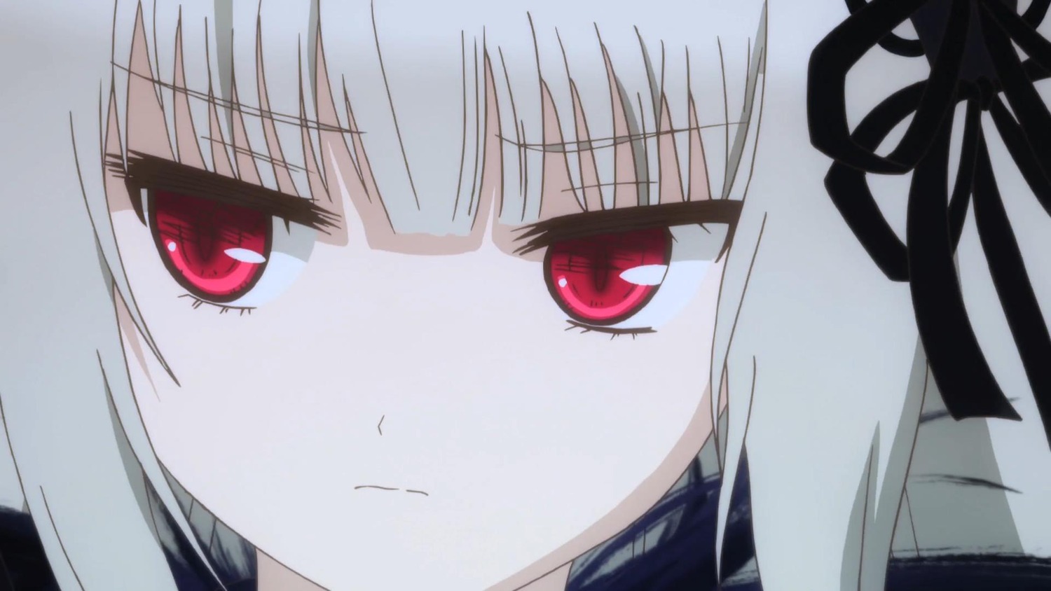 1girl bangs blush close-up closed_mouth eyebrows_visible_through_hair face hair_ribbon image looking_at_viewer red_eyes ribbon simple_background solo suigintou