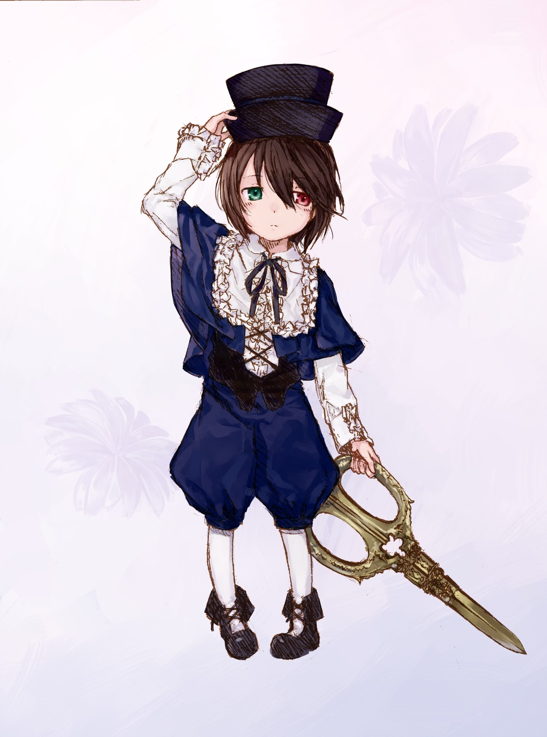 1girl brown_hair frills full_body green_eyes hat heterochromia image long_sleeves looking_at_viewer pants red_eyes ribbon short_hair solo souseiseki standing top_hat white_legwear