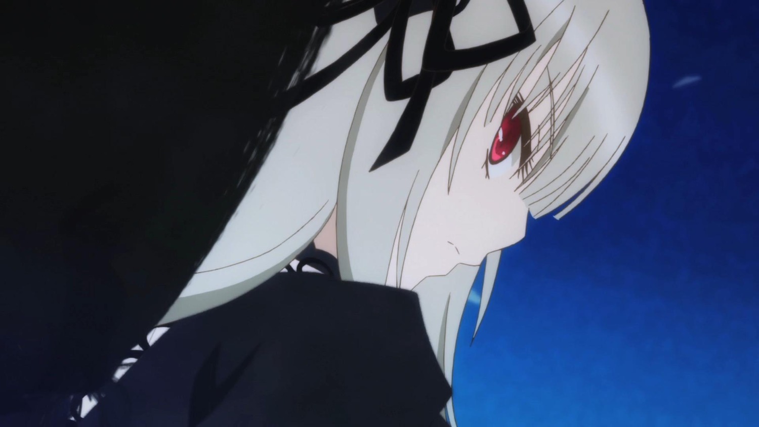 1girl bangs black_ribbon closed_mouth eyebrows_visible_through_hair from_side hair_ribbon image long_hair profile red_eyes ribbon simple_background solo suigintou