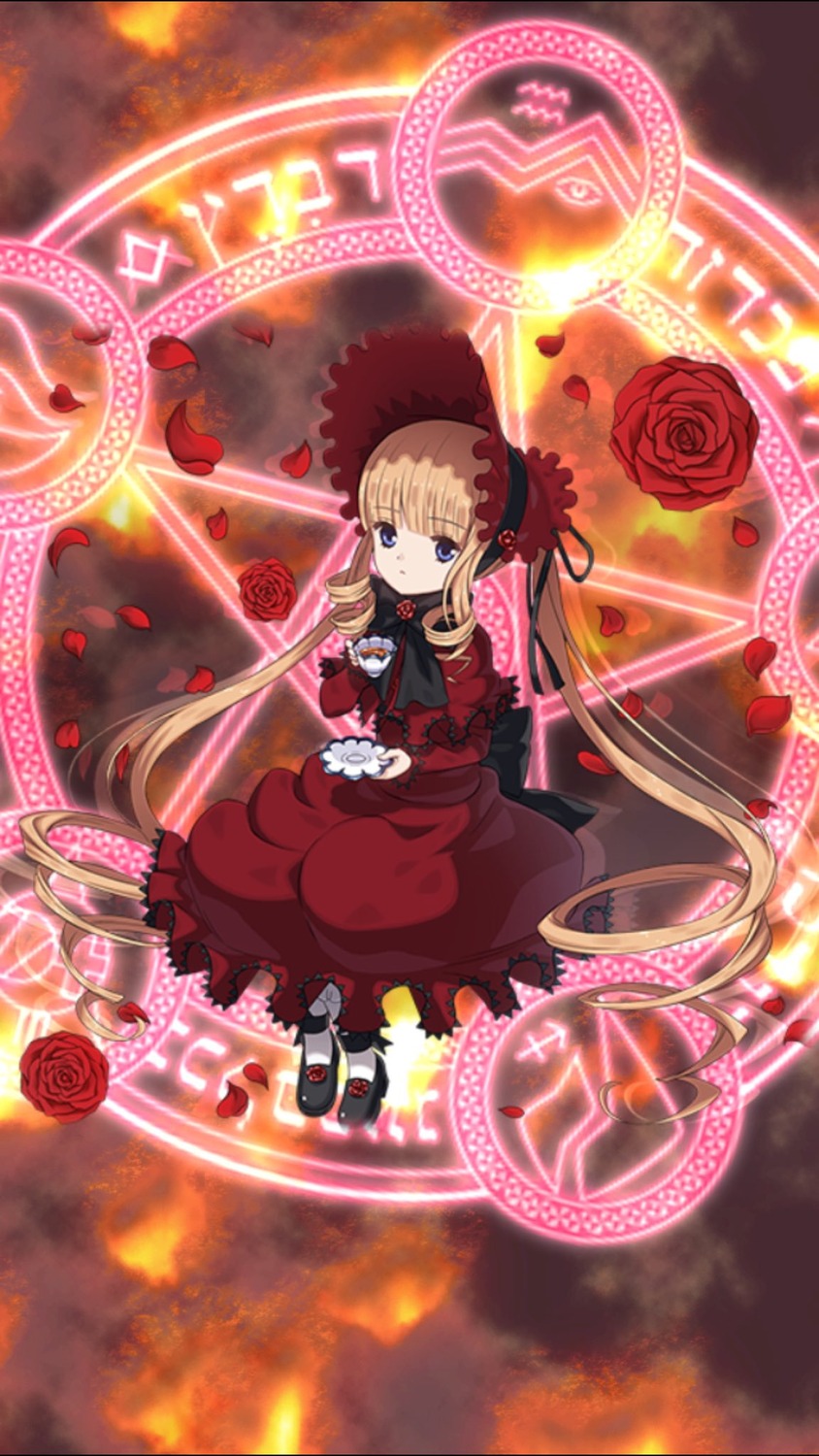 1girl blonde_hair blue_eyes bonnet bow dress flower image long_hair looking_at_viewer magic_circle petals red_capelet red_dress red_flower red_rose rose shinku shoes solo twintails very_long_hair