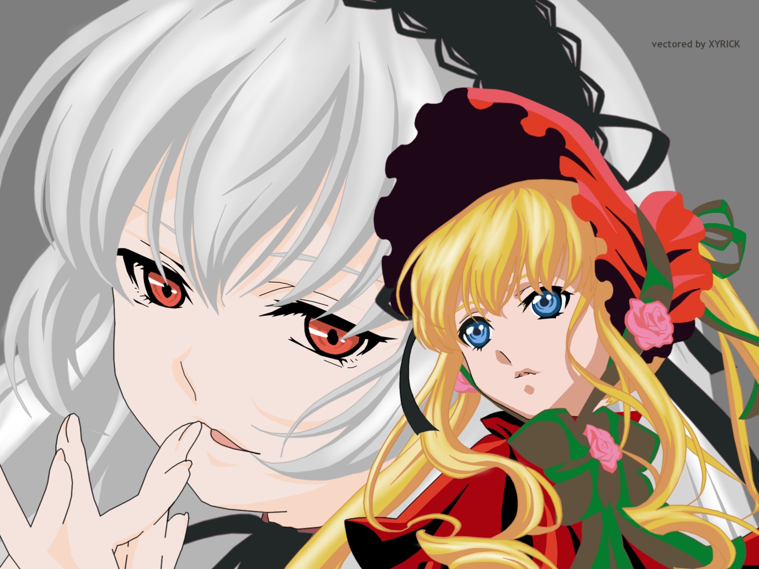 2girls blonde_hair blue_eyes bonnet bow face flower image long_hair looking_at_viewer multiple_girls pair pink_rose red_flower rose shinku silver_hair simple_background suigintou tongue twintails