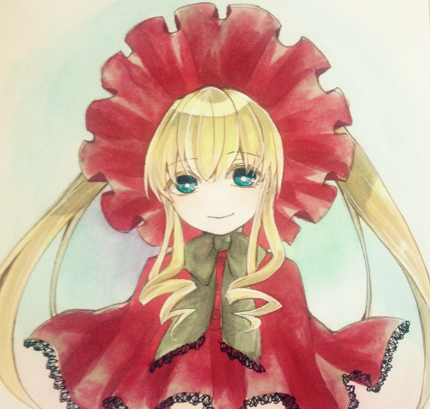 1girl blonde_hair bow bowtie capelet dress image long_hair long_sleeves looking_at_viewer marker_(medium) shinku sidelocks simple_background smile solo traditional_media twintails upper_body