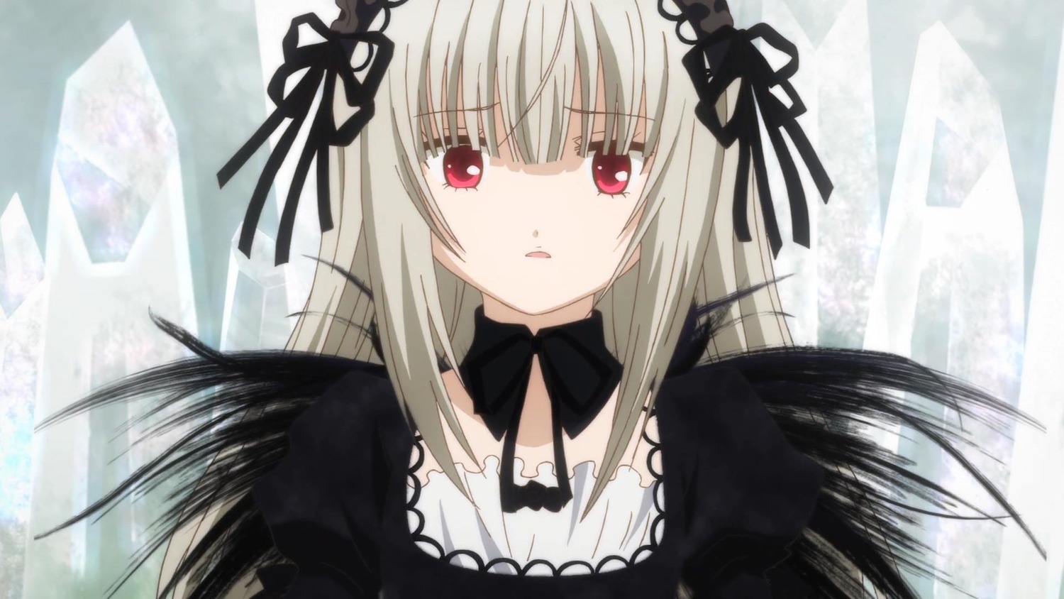 1girl bangs black_dress black_ribbon black_wings detached_collar dress flower hairband image long_hair long_sleeves looking_at_viewer parted_lips puffy_sleeves red_eyes ribbon silver_hair solo suigintou upper_body wings