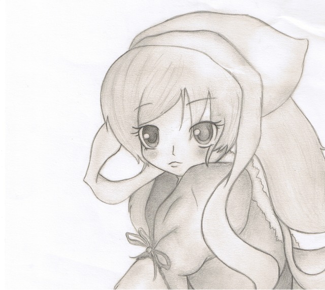 1girl bent_over blush breasts greyscale image long_hair looking_at_viewer looking_back monochrome solo suiseiseki tail traditional_media
