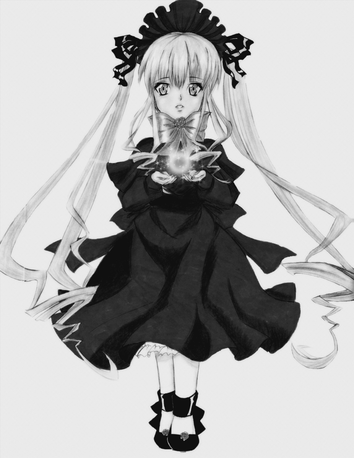 1girl dress frills full_body greyscale image long_hair long_sleeves looking_at_viewer monochrome shinku shoes solo standing very_long_hair