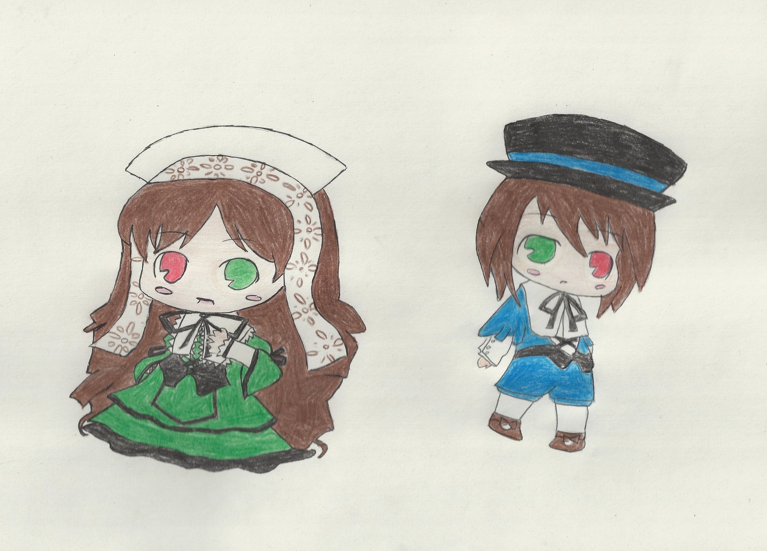 1girl blush_stickers brown_hair chibi dress green_dress green_eyes hat heterochromia image long_hair long_sleeves pair pants red_eyes short_hair siblings sisters smile souseiseki standing suiseiseki top_hat traditional_media twins