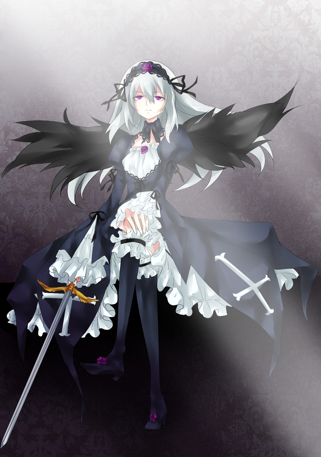 1girl black_legwear black_wings boots dress frills hairband image long_hair looking_at_viewer pink_eyes purple_eyes silver_hair solo suigintou sword thighhighs weapon wings