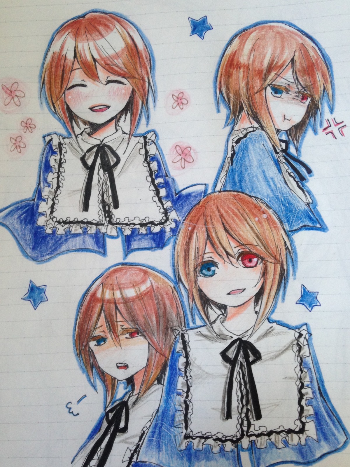 1girl :d ^_^ anger_vein angry blue_eyes blush character_sheet closed_eyes expressions heterochromia image marker_(medium) multiple_views open_mouth red_eyes ribbon short_hair smile solo souseiseki star_(symbol) traditional_media twins watercolor_(medium)